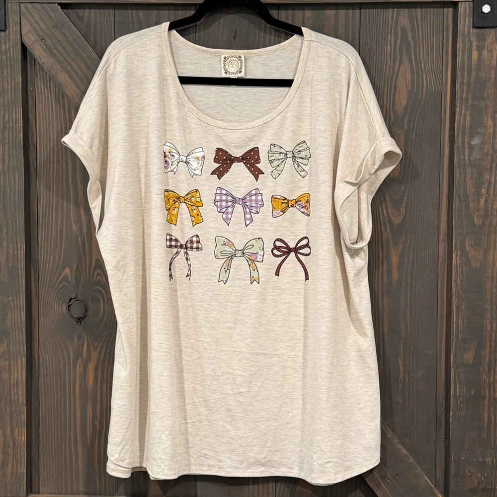 Trueself Women’s Beige Bow‎ Graphic Blouse Shirt Sleeve T-shirt Top Size 3X